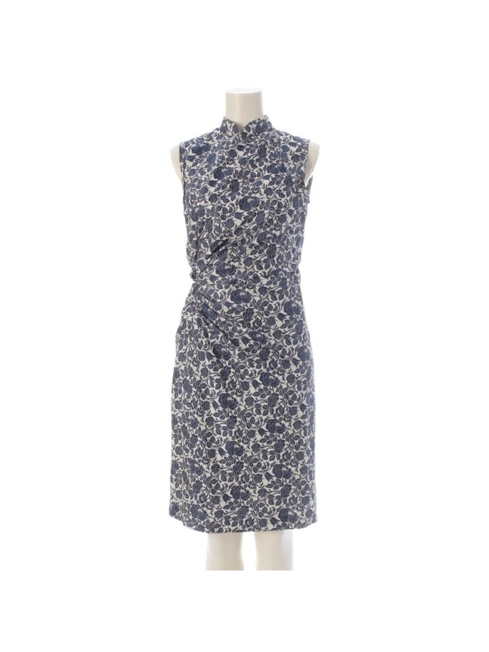 Prada Silk Sleeveless Gathered Design China Rose Floral Pattern Dress Archive
